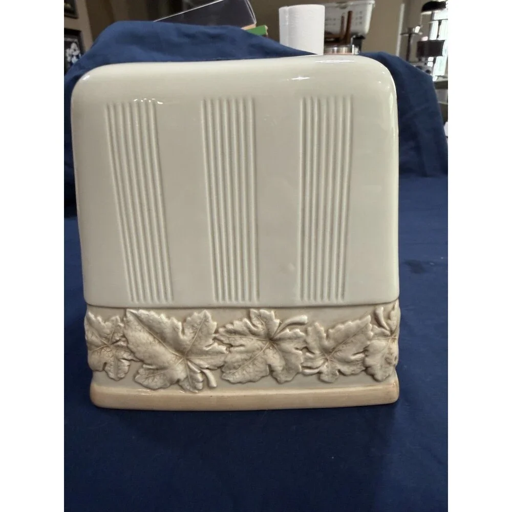 Stratton Earthenware Tissue Box Cover Ceramic Ivory Tan Beige Leaves Neutral
